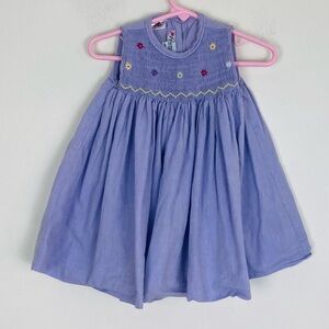 Pervenche lavender sleeveless smocked dress with floral embroidery. 12 months